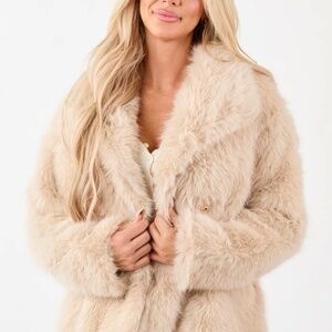 Champagne Lapel Collar Button Up Faux Fur Coat